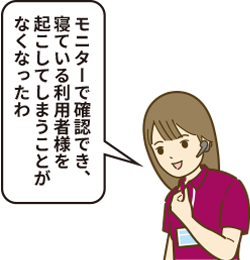 モニターで確認でき、寝ている利用者様を起こしてしまうことがなくなったわ
